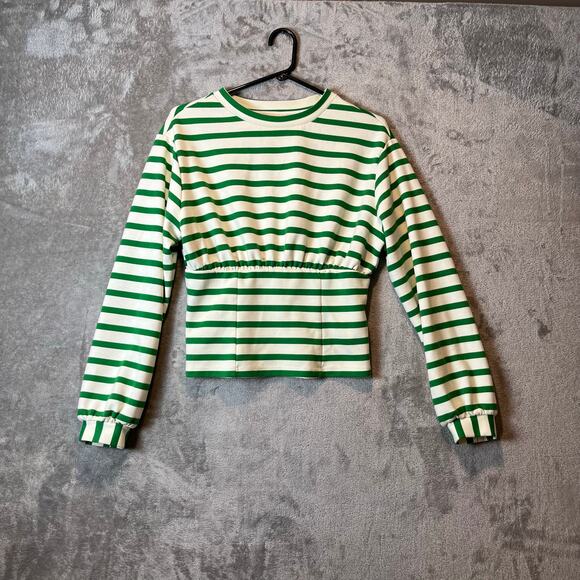 Maeve by Anthropologie Corset-Waist Sweatshirt‎ Striped Green White Sz Small - Picture 1 of 5